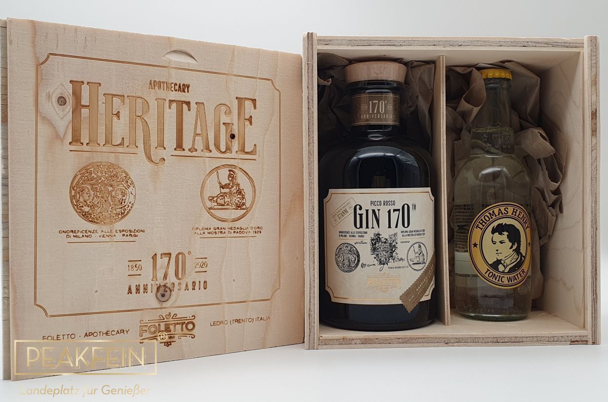 Foletto Heritage  Picco Rosso Gin 170th mit Gin Tonic im Holzkasten